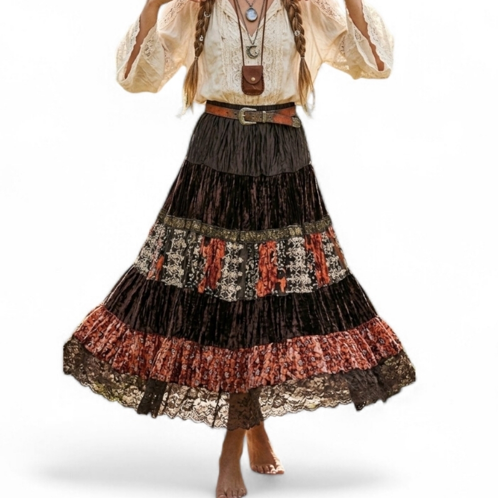 Vintage 90s Allison Taylor Velvet Tiered Maxi Skirt Brown S